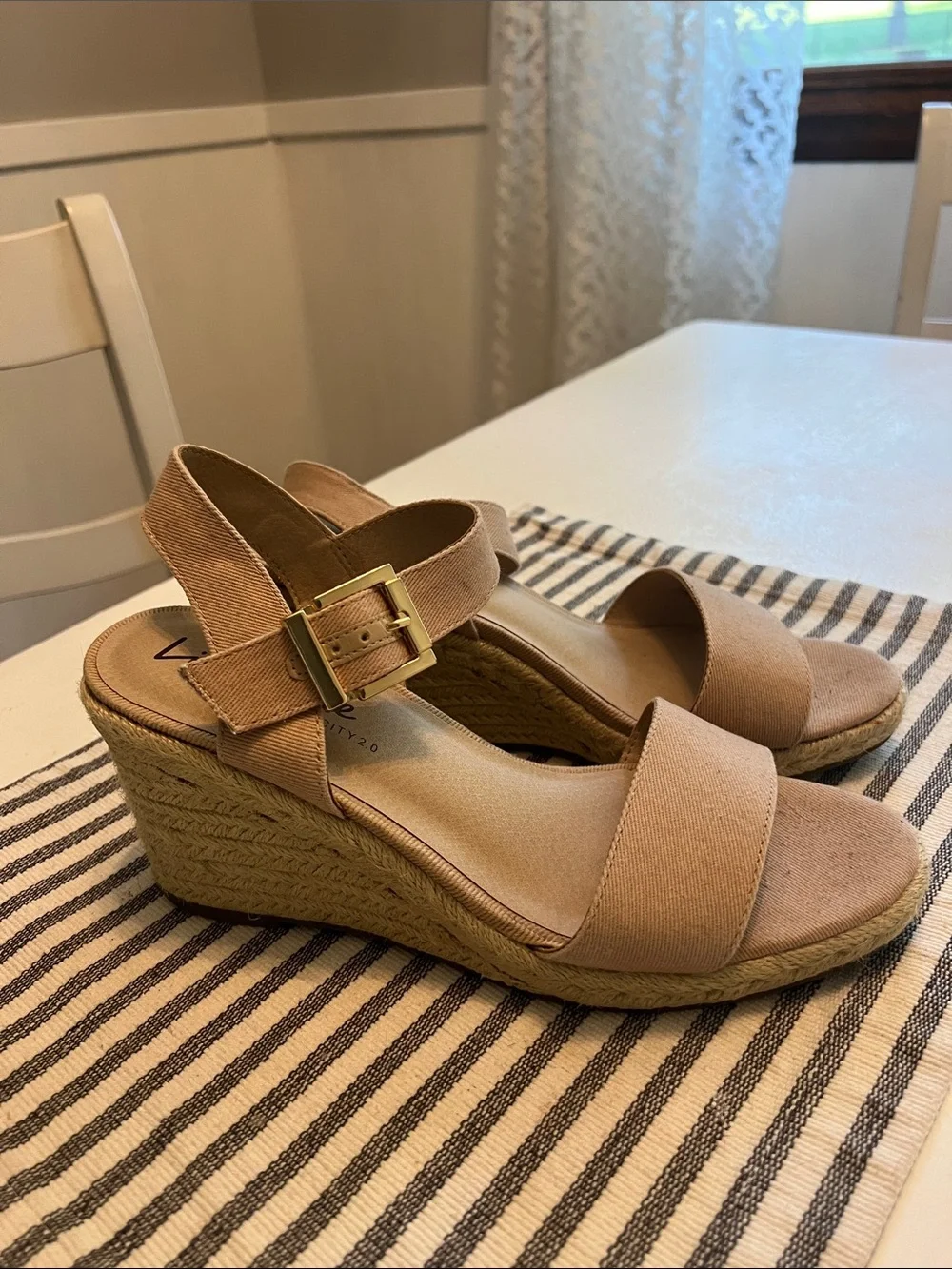 Beige Wedge Espadrille Sandals with Buckle Strap